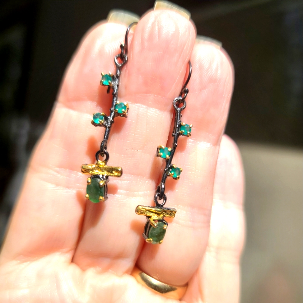 Emerald Green Onyx Sterling Rhodium Gold Earrings 155$